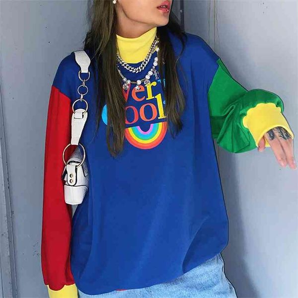 

contrast color rainbow letter print oversize sweatshirt women harajuku autumn turtleneck long sleeve sudaderas pullovers 210510, Black