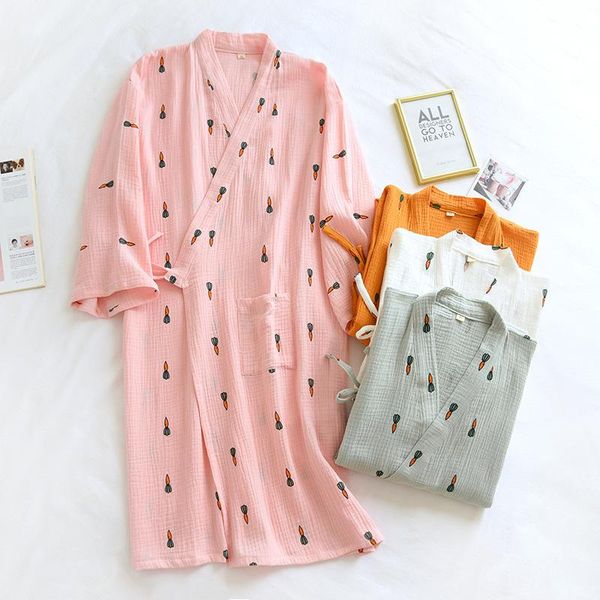 

women's sleepwear 100% cotton crepe pajamas summer robes thin cartoon carrot 4-color japanese kimono bathrobe v-neck household clothes, Black;red