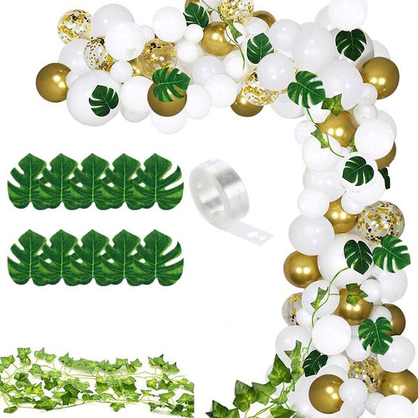 

white gold balloon graland kit jungle theme party balloons leaves green ivy leaf garland vines decoration for wedding birthday