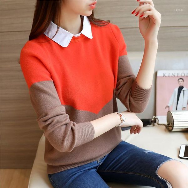 

women's sweaters knitted sweater and pullover autumn winter clothes color shirt collar fake two female casual 887, White;black