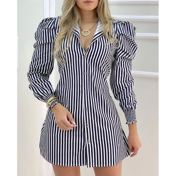 

2021 new trendy elegant women striped printed long puff sleeve mini shirt dress office lady slim waist, Black;gray