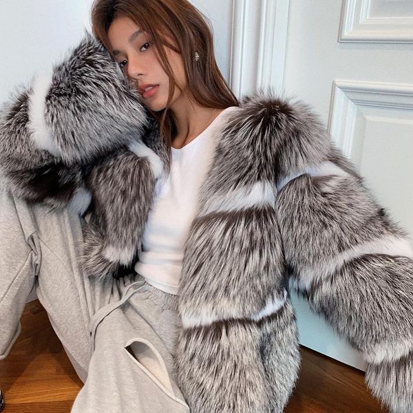 

women's fur & faux warm jacket arrival luxury real silver coat for women stylish contrast color thick short jakcets, Black