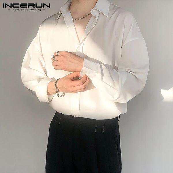 

men's casual shirts 2021 men shirt solid color streetwear turn down collar long sleeve camisa masculina loose button fashion incerun, White;black