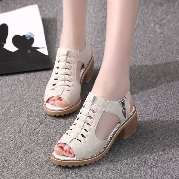 

sandals female summer flat thick heel korean roman student fish mouth retro middle heel korean princess fashion womens shoes, Black