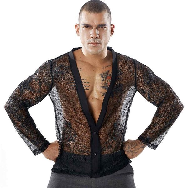 

men's dress shirts fashion gay men mesh long sleeve v neck printed blouse shirt transparent party nightclub camiseta masculina, White;black