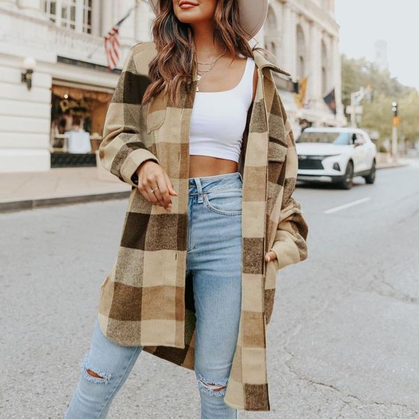 

women's wool & blends women winter coat casual outwear plaid prints long sleeve pockets lapel cardigan single breasted thin shirt tanga, Black