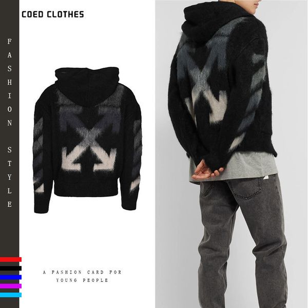 

style tide brand autumn winter new off arrstyle gradient rainbstyle sweater hooded cardigan jacket men's women's fashion, Black;brown