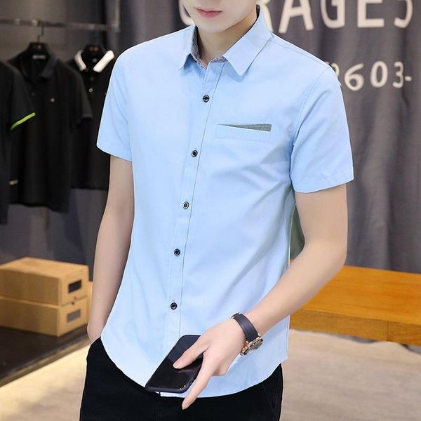 

men's casual shirts summer high-end square collar handsome solid color short sleeve trend slim fit business cardigan, White;black