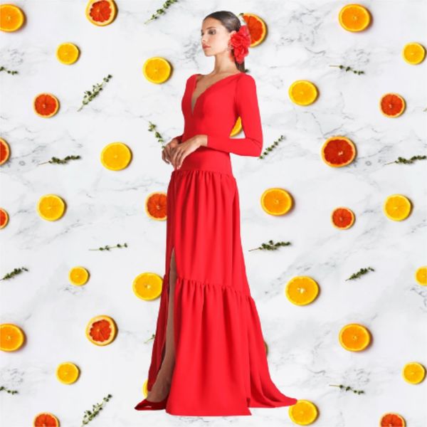 Abito da sera rosso manica lunga con scollo a V Guaina elastico Satin Donne da donna Abiti da festa Abiti da compagnia formale Robe de Soirée Mariage