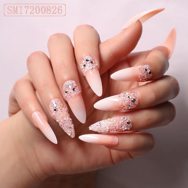 

24pcs nude gradient super long pointed manicure patch false nails full cover beauty tools, Red;gold