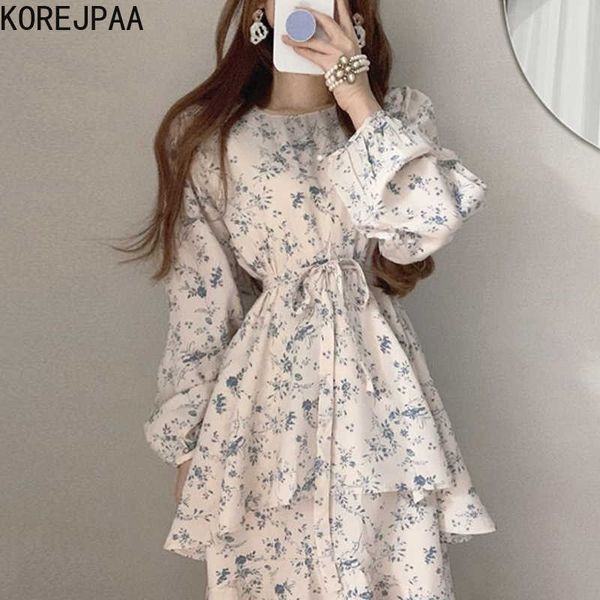 Korejpaa Frauen Kleid Sommer Temperament Sanfte Rundhals Krawatte Taille Unregelmäßige Doppelschicht Kuchen Chiffon Floral Vestidos 210526