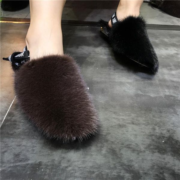 

slippers women's fur 100% mink flat, Black