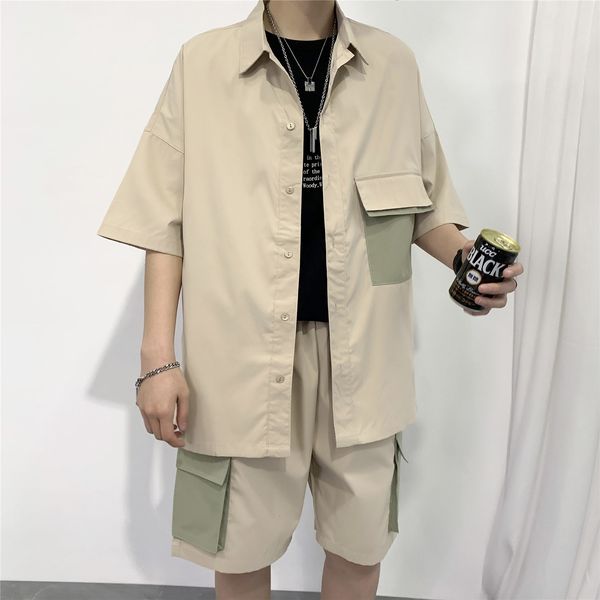 

men's jackets summer sets shirt and shorts fashion oversize clothing cotton patchwork cargo pocket short sleeve casual streetwear rsjs, Black;brown