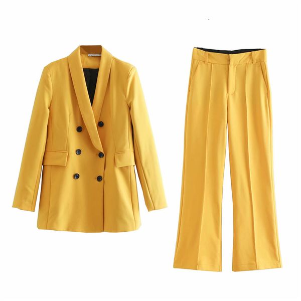 

women's two piece pants fashion women spring blazer suit double breasted coat jacket high waist flare set office solid sets 2pcs 7, White