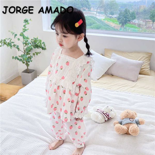 Frühling Baby Pyjamas Langarm Baumwolle Erdbeere RufflesTop + lange Hosen Homewear Mädchen Outfits E2038 210610