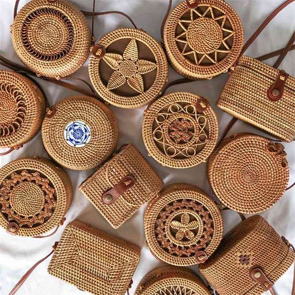 

20x8cm circle handwoven women messenger bags round retro rattan straw beach crossbody bag good quality bolsa masculina 210913