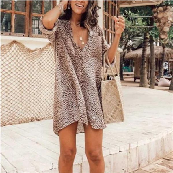 

casual dresses womenÂ´s leopard chiffon dress holiday ladies long sleeve turn-down collar loose shirts plus size beach s-2xl, Black;gray
