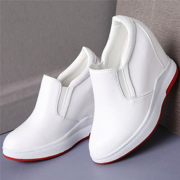 

women slip on genuine leather wedges high heel motorcycle boots female low fashion sneakers round toe platform pumps shoes, Black