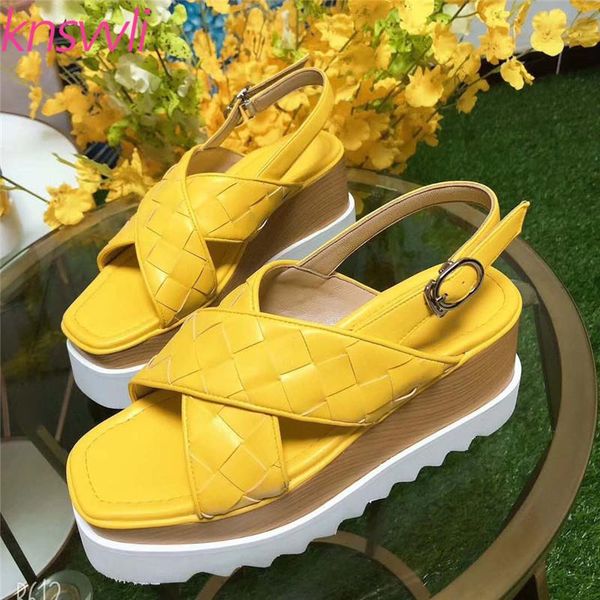 

braided platform sandals women wood grain wedge heels ladies cross strap thick sole height increasing shoes woman, Black