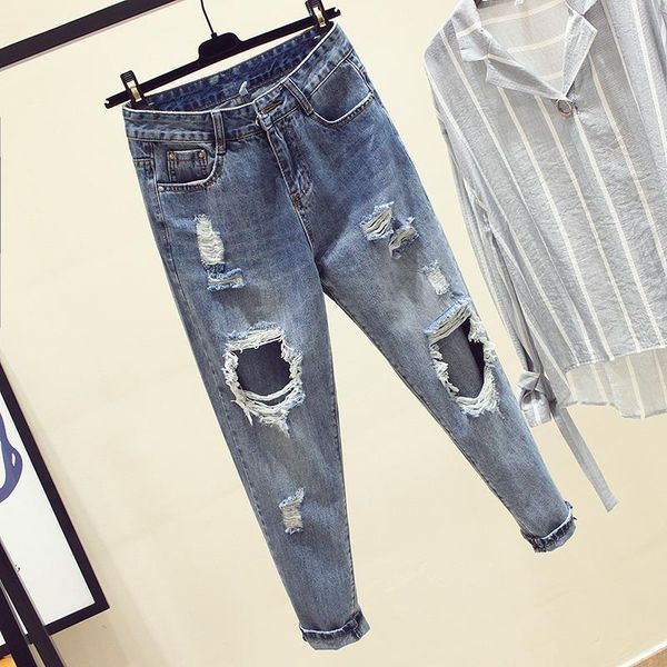 

women's jeans tassel autumn women spring hole high zipper ankle length pants female loose casual fashion straight zx121, Blue