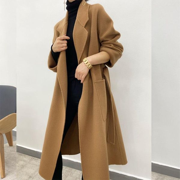

women's wool & blends coat of fund 2021 autumn winters is han edition suits brought in long belt over-the-knee double-sided, Black