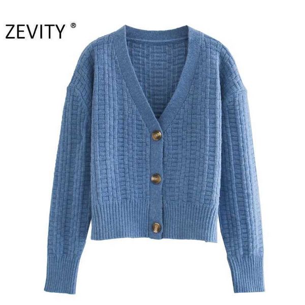 Zevity donna vintage scollo a V texture pattern casual maglia maglione chic femme manica lunga cardigan petto retrò top S405 210603