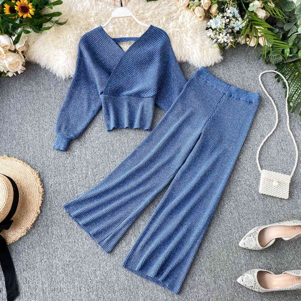 

pants croysier knitted two piece v neck sweater and ankle length wide leg pants winter clothes women 2 pieces set outfits, Black;white