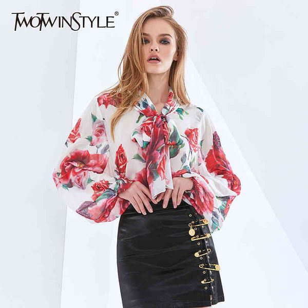 

print shirts for women stand collar lantern long sleeve hit color loose patchwork lace up casual blouse female 210423, White