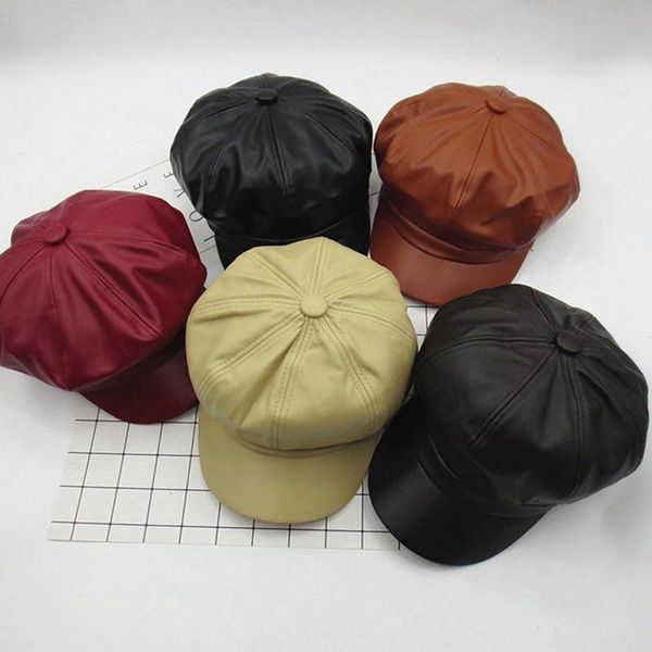 

women fashion casual octagonal cap painter retro literary hats sboy autumn winter ladies pu beret hat berets, Blue;gray