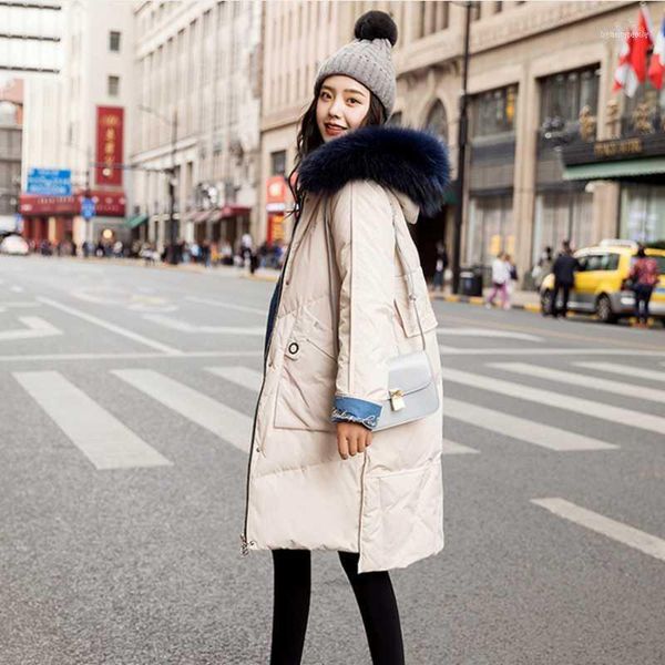 

women's down & parkas 2021 winter style jacket women long large wool collar fashion coat over knee loose duck lady clothes1, Black