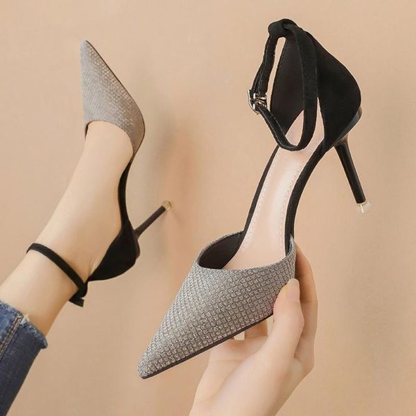 

women's pump pointed toe sequined cloth low-cut one-strap suede high heels sandals stiletto ladies party shoes, Black