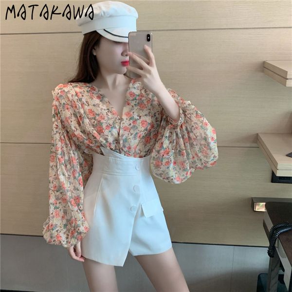 

matakawa fashion v-neck floral chiffon shirt women thin blusas korean loose casual women blouses long-sleeved sunscreen 210513, White