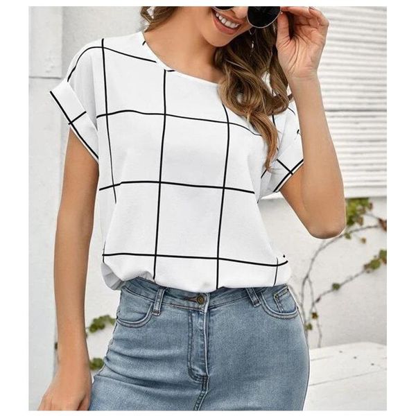 

women's blouses & shirts women plaid printed mini round collar short sleeve shirt fashion summer elegant office ladies loose pullover, White