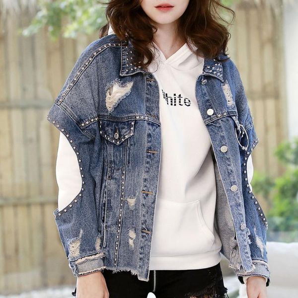 

women's jackets turn-down collar oversize jean jacket for women loose casual blue punk ripped rivet coats female outwear denim, Black;brown