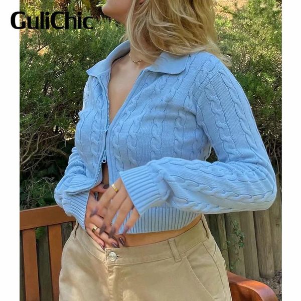 

women's knits & tees 8.12 gulichic women knit cardigan cropped double zipper long sleeves casual fashion slim sweater outwear, White