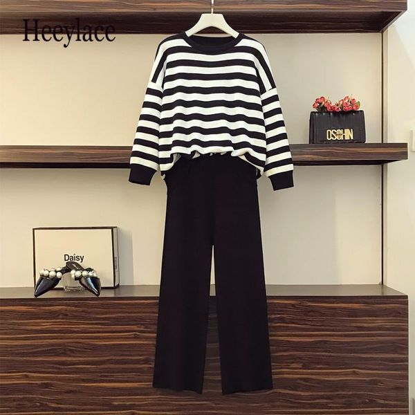 

plus size tracksuits women autumn knitted two pieces set for long sleeve pullover striped sweater and knitting pants suits, Black