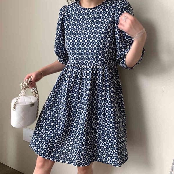 

korea chic fashion casual round neck embroidery high waist loose bubble short blue sleeve dress women summer 16w1396 210510, Black;gray