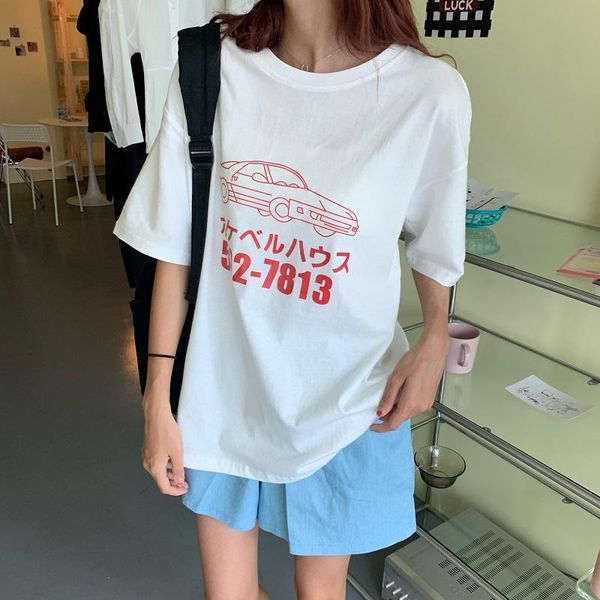 

women's t-shirt college korean summer harajuku style female cotton casual o-neck loose cute car print pattern fashion couple, White