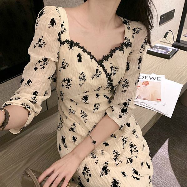 

casual dresses floral women vintage v-neck three quarter french slim party midi elegant korean vestido 5p55, Black;gray