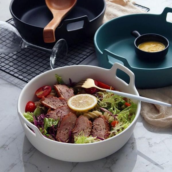 

9inch creative ceramic salad bowl with double handle extra deep porcelain serving dish for fruit nuts vegetable plate tableware dishes & pla