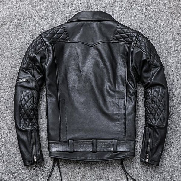 

cow leather heavy motorcycle jacket men rivets rock style slim fit moto biker men's diagonal zipper rider coat & faux, Black