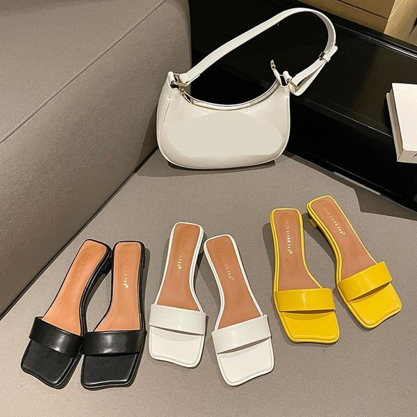 

slippers casual shoes woman 2021 beige heeled sandals low square heel pantofle luxury summer black soft block slides fabric
