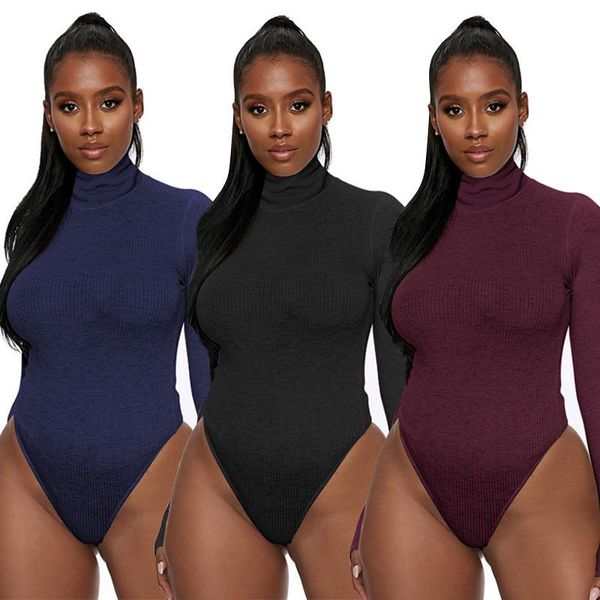 

solid ribbed knit black gray female bodysuit turtleneck women long sleeve fall 2021 spring bodycon keep warm khaki body women's jum, Black;white