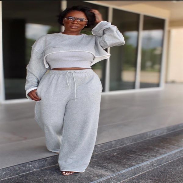 

women's two piece pants women grey long-sleeved round neck pullover strap short vest with wide-leg for daily leisure trousers set autum, White
