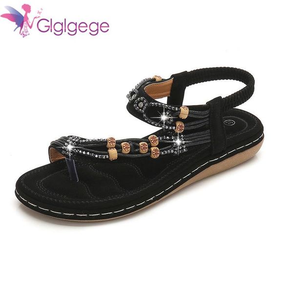 

glglgege 2021 european fashion sandals flower beading crystal rhinestone luxury diamond ladies large size, Black
