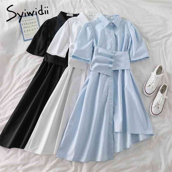 

irregular shirt dress for women summer puff sleeve turn-down collar button up a-line midi dresses blue white black 210607, Black;gray