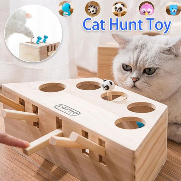 

cat toys hunt toy funny wooden interactive kitten catch mouse game with 3/5-holed box tease bite