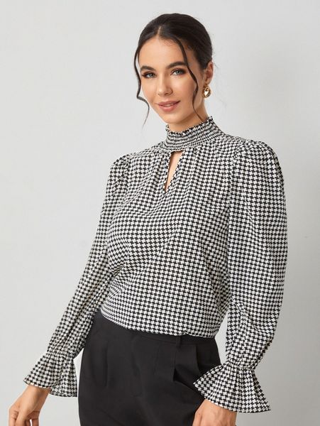 

houndstooth print flounce sleeve h1i8#, White