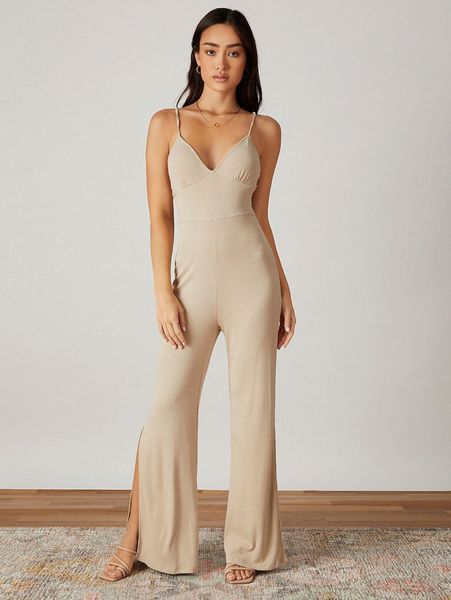 

crisscross backless split hem slip jumpsuit c3px#, White