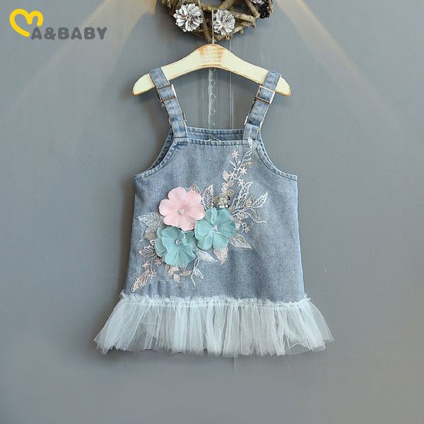 2-7y Flower Lace Flower Crianças Garotas Denim Denim Vestido Sem Mangas Macacões Bonito Criança Criança Trajes Roupas 210515